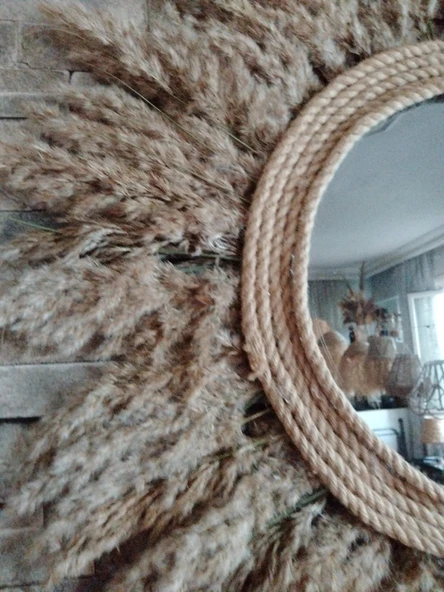 Gerçek Pampas Otu Güneş Ayna Lüks Bohem Jüt Halat Çerçeve İskandina ve Boho Duvar Dekoru - 3