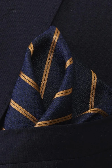 Esgue Hand Made 7.5 cm Gold Sarı & Lacivert Çizgili Desen Mendilli Kravat - Resim 5
