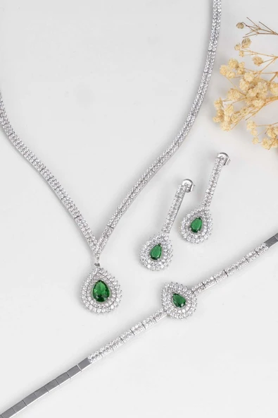 Gümüş Pazarım THürrem Sultan Modeli Zümrüt Taşllı Damla Motifli 925 Ayar Gümüş Set - 4