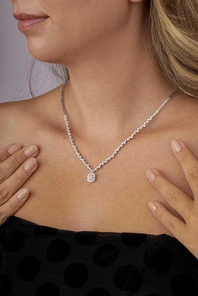 Gümüş Pazarım Pırlanta Montür Sıralı Tek Taş Rodyum Kaplama Baget Gümüş Kolye - Resim 3