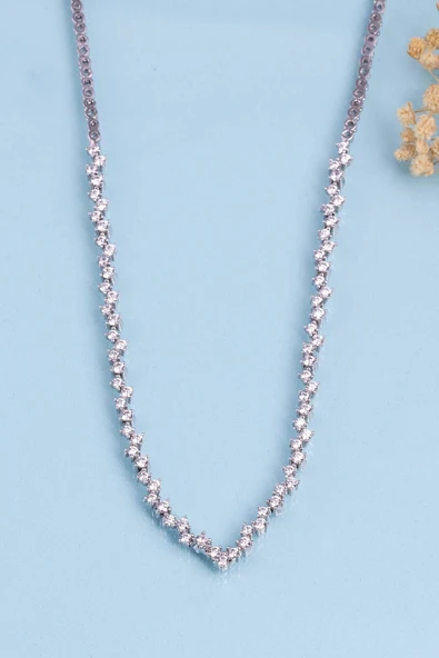 Gümüş Pazarım Pırlanta Montür Rodyum Kaplama 4 Tırnaklı Su Yolu Gümüş Kolye - Resim 4