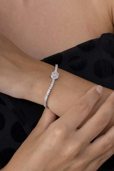 Gümüş Pazarım Su Yolu Süzme Baget Taşlı 925 Ayar Gümüş Bileklik - Resim 3