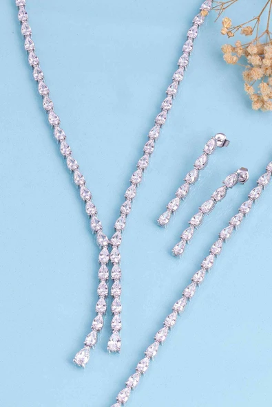 Gümüş Pazarım Pırlanta Montür Su Damlası Motifli Ful Taşlı 925 Ayar Gümüş Düğün Seti - 4