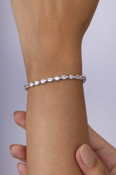 Gümüş Pazarım Pırlanta Montür Su Damlası Motifli Ful Taşlı 925 Ayar Gümüş Bileklik - 2