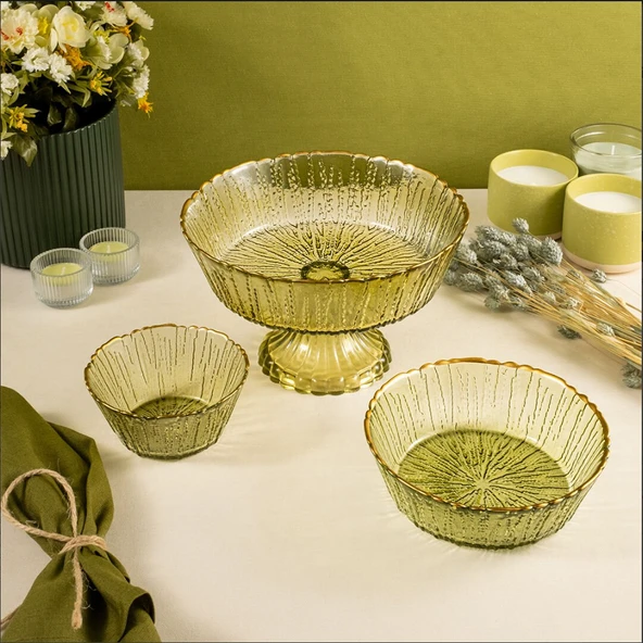 Fecra Rita 3'lü Cam Kase Seti Yeşil Altın Fileli - 2