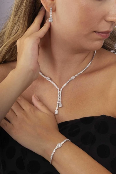 Gümüş Pazarım Baget Taşlı Rodyum Kaplama Su Yolu 925 Ayar Gümüş Düğün Set - 3