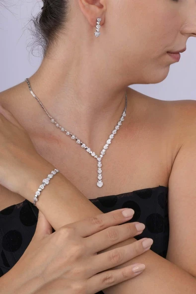 Gümüş Pazarım Rodyum Kaplama 925 Ayar Gümüş Kalpli Süzme Su Yolu Gümüş Düğün Seti - 2