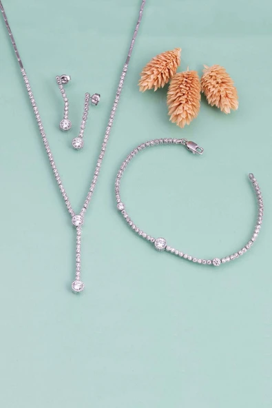 Gümüş Pazarım Tektaş Detaylı Su Yolu Rodyum Kaplama 925 Ayar Gümüş Düğün Seti - 4