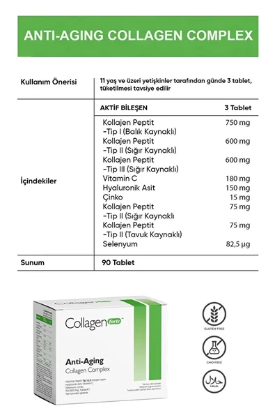 Collagen Forte Anti-Aging Kolajen Complex , Hyalüronik Asit  , C Vitamini , Çinko , Selenyum , 1500 Mg , 90 Tablet ürün görseli