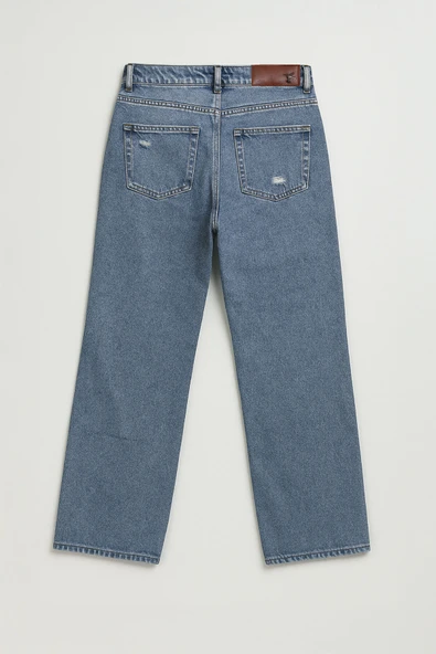 Kadın Yüksek Bel Wide Leg Yırtık Detaylı Buz Mavisi Jean Pantolon - 3