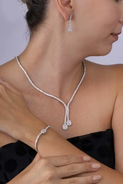 Gümüş Pazarım Su Yolu Süzme Baget Taşlı 925 Ayar Gümüş Düğün Seti - Resim 2