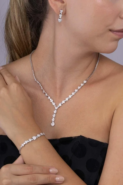 Gümüş Pazarım Rodyum Kaplama 925 Ayar Gümüş Kalpli Süzme Su Yolu Gümüş Düğün Seti