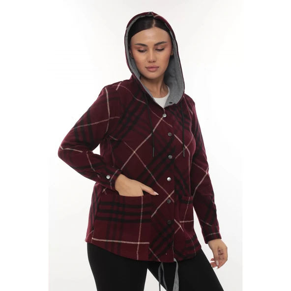 Büyük Beden Rahat Kalıp Kapüşonlu Oduncu Kadın Gömlek Hırka