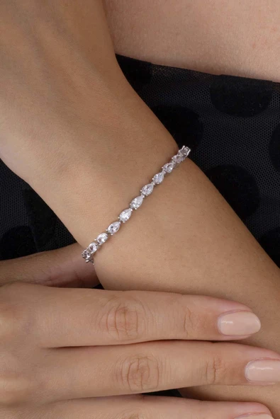 Gümüş Pazarım Pırlanta Montür Su Damlası Motifli Ful Taşlı 925 Ayar Gümüş Bileklik