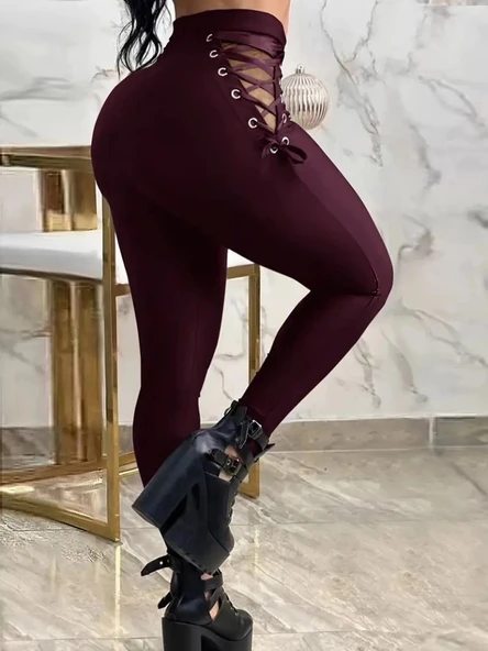 MDB Kadın Yüksek Bel çapraz Bağcıklı Tül Detaylı Dalgıç Tayt - Resim 2