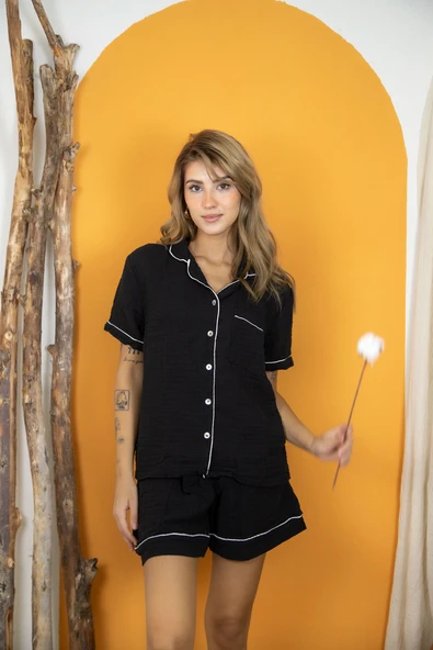 Varol %100 Pamuk Müslin Kadın Şortlu Pijama & Ev Giyim Takımı – Siyah ürün görseli