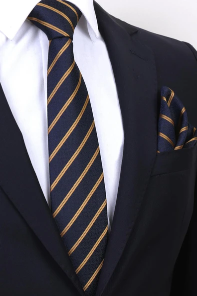 Esgue Hand Made 7.5 cm Gold Sarı & Lacivert Çizgili Desen Mendilli Kravat ürün görseli 1