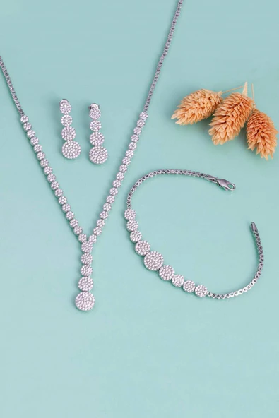 Gümüş Pazarım Süzme Su Yolu Rodyum Kaplama 925 Ayar Gümüş Düğün Seti - 4