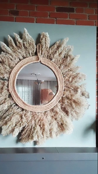 Gerçek Pampas Otu Güneş Ayna  Lüks Bohem Jüt Halat Çerçeve  İskandina  ve Boho Duvar Dekoru - 6