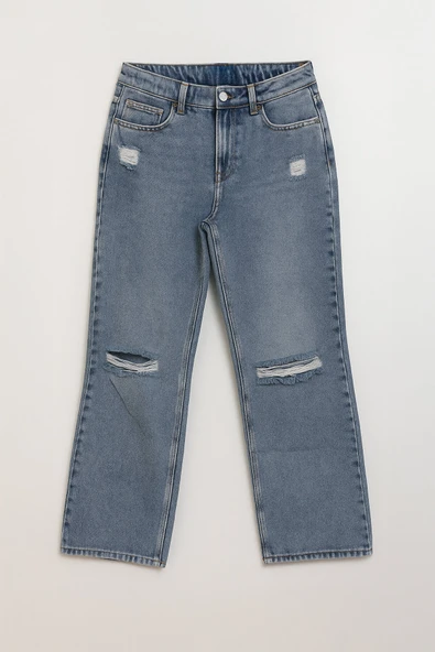 Kadın Yüksek Bel Wide Leg Yırtık Detaylı Buz Mavisi Jean Pantolon - 2