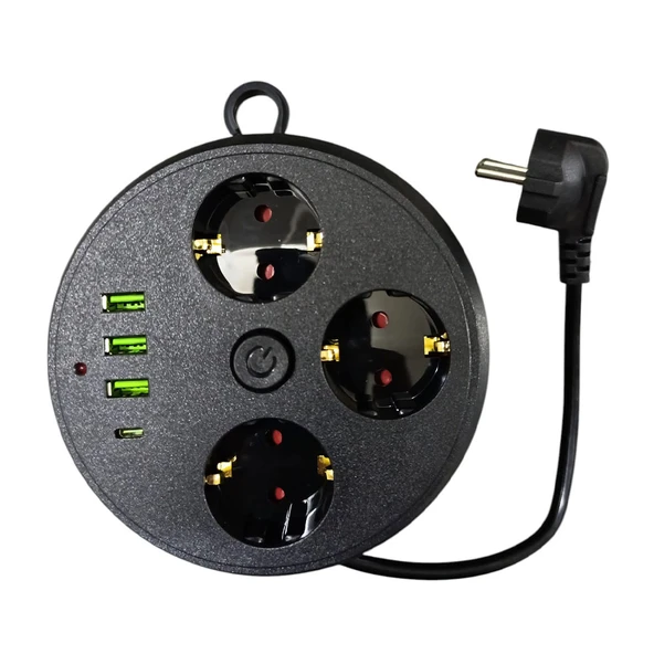 3 Lü Akım Korumalı Priz Makaralı Anahtarlı 16A 4000 Watt 3 x Usb - 1 Type-C 3395 ürün görseli