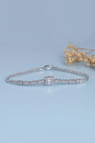 Gümüş Pazarım Baget Taşlı Rodyum Kaplama Su Yolu 925 Ayar Gümüş Bileklik - 5