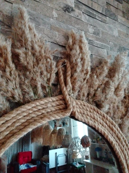 Gerçek Pampas Otu Güneş Ayna Lüks Bohem Jüt Halat Çerçeve İskandina ve Boho Duvar Dekoru - 7