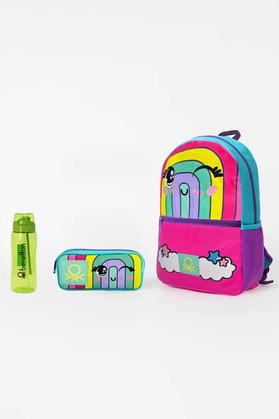 Gökkuşağı Desenli Üçlü İlkokul Çantası Seti(İlkokul Sırt Çantası, Çift Gözlü Kalem Kutusu, Matara Yeşil) ürün görseli 1