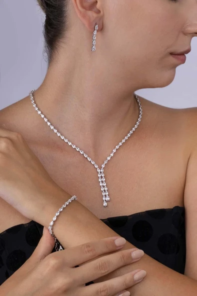 Gümüş Pazarım Pırlanta Montür Su Damlası Motifli Ful Taşlı 925 Ayar Gümüş Düğün Seti - 3