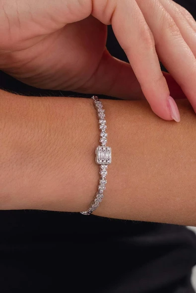 Gümüş Pazarım Baget Taşlı Rodyum Kaplama Su Yolu 925 Ayar Gümüş Bileklik - 4