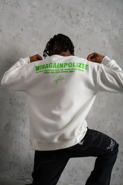 Erkek Oversize Sweatshirt – Beyaz Renk | Ön ve Sırt Baskılı, Üç İplik İçi Pamuklu Kumaş, Rahat Kalıp, Ribanalı Kışlık Sw ürün görseli 1