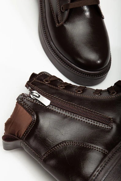 Kadın Kahverengi Cilt Bağcık Ve Fermuarlı Postal Bot - Resim 3