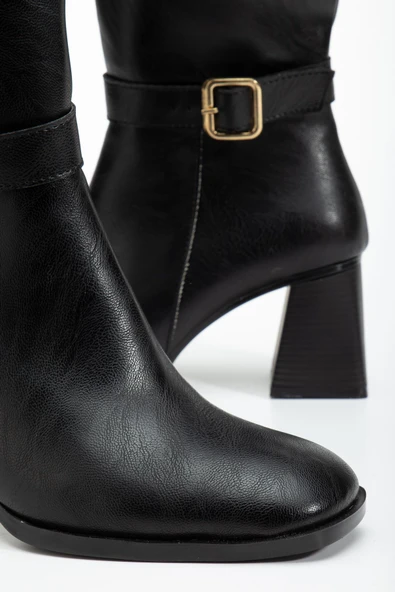 Kadın Siyah Cilt Küt Burun Diz Altı Topuklu Çizme - Resim 3