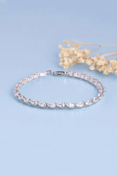 Gümüş Pazarım Pırlanta Montür Su Damlası Motifli Ful Taşlı 925 Ayar Gümüş Bileklik - 4