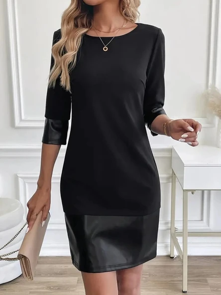 MDB Kadın Uzun Kollu Bisiklet Yaka Deri Detaylı Ithal Krep Elbise - Resim 5