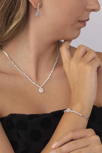 Gümüş Pazarım Pırlanta Montür Sıralı Tek Taş Rodyum Kaplama Baget Gümüş Düğün Seti - 2