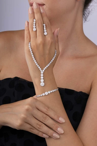 Gümüş Pazarım Süzme Su Yolu Rodyum Kaplama 925 Ayar Gümüş Düğün Seti - 3