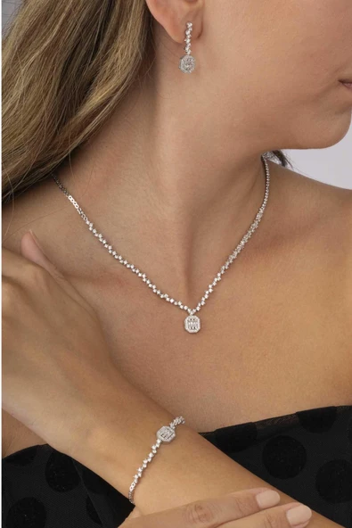 Gümüş Pazarım Pırlanta Montür Sıralı Tek Taş Rodyum Kaplama Baget Gümüş Düğün Seti - 3