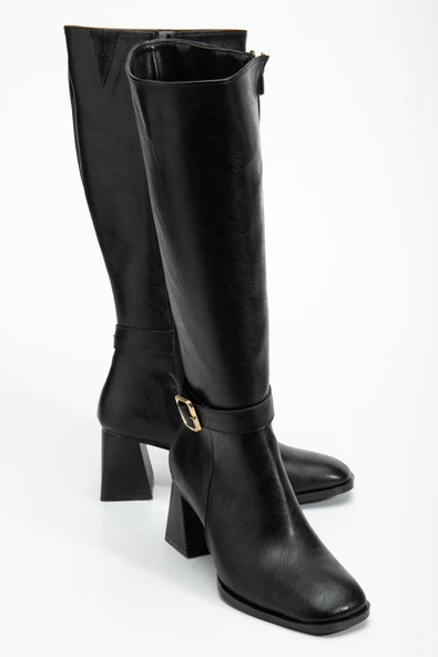 Kadın Siyah Cilt Küt Burun Diz Altı Topuklu Çizme - Resim 2