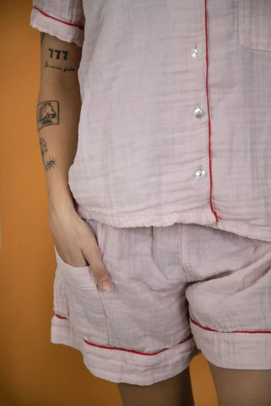 Varol %100 Pamuk Müslin Kadın Şortlu Pijama & Ev Giyim Takımı – Pembe - Resim 4