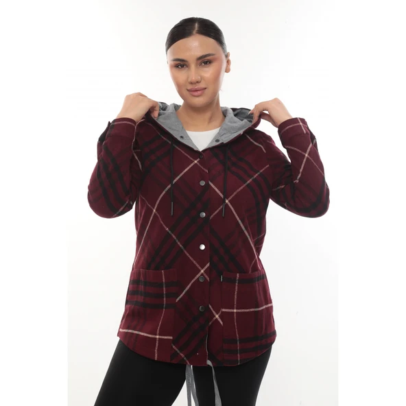 Büyük Beden Rahat Kalıp Kapüşonlu Oduncu Kadın Gömlek Hırka - 2