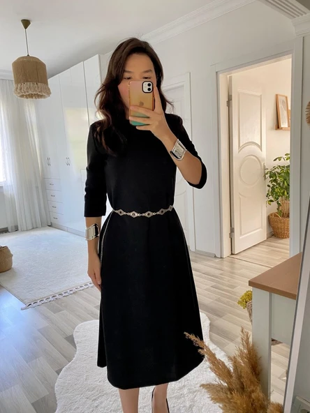 Kadın Uzun Kollu Bisiklet Yaka Midi Ithal Krep Elbise - Resim 8