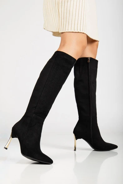 Kadın Siyah Süet Sivri Burun İnce Topuklu Çizme - Resim 8