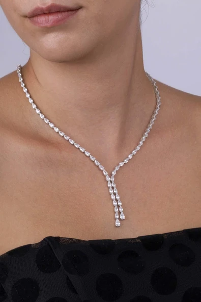 Gümüş Pazarım Pırlanta Montür Su Damlası Motifli Ful Taşlı 925 Ayar Gümüş Kolye - Resim 3