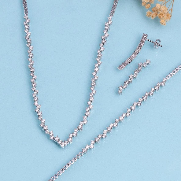 Gümüş Pazarım Pırlanta Montür Rodyum Kaplama 4 Tırnaklı Su Yolu Gümüş Düğün Seti - 4