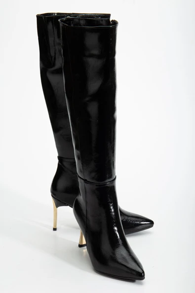 Kadın Siyah Rugan Sivri Burun İnce Topuklu Çizme ürün görseli 1