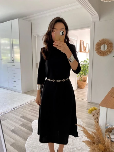 Kadın Uzun Kollu Bisiklet Yaka Midi Ithal Krep Elbise - Resim 4