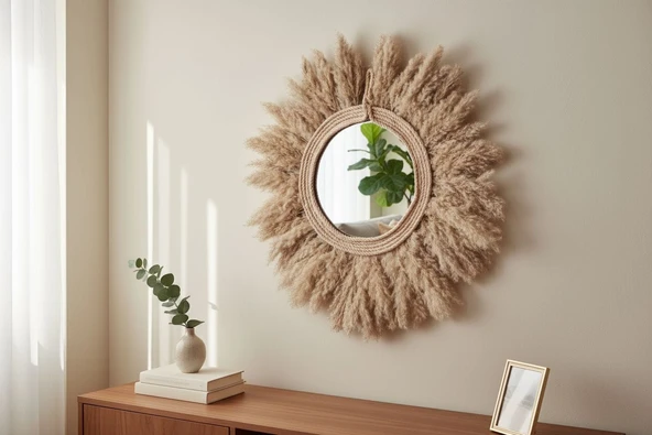 Gerçek Pampas Otu Güneş Ayna Lüks Bohem Jüt Halat Çerçeve İskandina ve Boho Duvar Dekoru