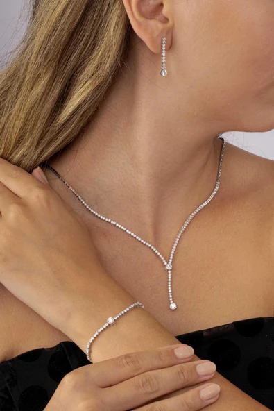 Gümüş Pazarım Tektaş Detaylı Su Yolu Rodyum Kaplama 925 Ayar Gümüş Düğün Seti