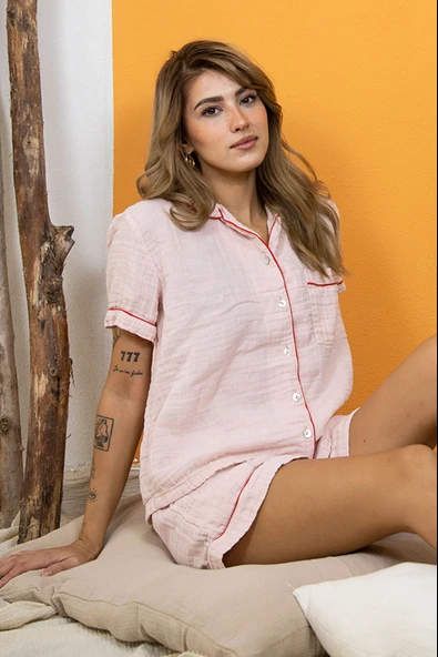 Varol %100 Pamuk Müslin Kadın Şortlu Pijama & Ev Giyim Takımı – Pembe - Resim 2